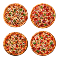 Haut vue de Pizza ensemble avec fromage, tomate, oignon, pepperoni, basilic, ai généré png