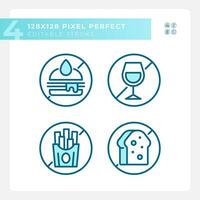 Pixel perfect blue simple icons collection representing allergen free, editable thin linear illustration. vector