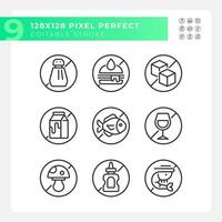 2D pixel perfect black icons set representing allergen free, editable thin linear illustration. vector