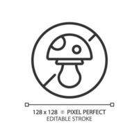 2D pixel perfect editable black mushroom free icon, isolated vector, thin line illustration representing allergen free. vector