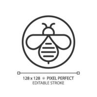 2D pixel perfect editable black honeybee icon, isolated vector, thin line illustration representing allergen free. vector