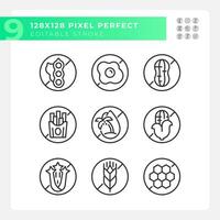 Pixel perfect black icons representing allergen free, editable thin line illustration set. vector