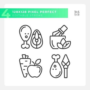 2D pixel perfect simple collection of black icons representing allergen free, editable thin linear illustration. vector