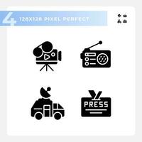 píxel Perfecto glifo estilo íconos conjunto representando periodismo, negro silueta ilustración vector