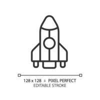 Rocket pixel perfect linear icon. Space vehicle. Aerospace engineering. New product. Future technology. Thin line illustration. Contour symbol. Vector outline drawing. Editable stroke