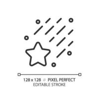 Falling star pixel perfect linear icon. Meteor shower. Make a wish. Night sky. Celestial body. Space debris. Thin line illustration. Contour symbol. Vector outline drawing. Editable stroke