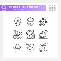 Space exploration pixel perfect linear icons set. Cosmic discovery. Mars landing. Science fiction. Sci fi. Customizable thin line symbols. Isolated vector outline illustrations. Editable stroke