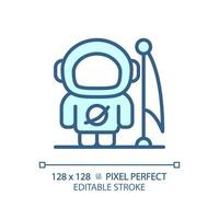 Man on moon pixel perfect light blue icon. Lunar landing. Astronaut suit. Space achievement. Apollo 11. RGB color sign. Simple design. Web symbol. Contour line. Flat illustration. Isolated object vector