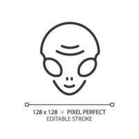 Alien face pixel perfect linear icon. Extraterrestrial life. Ufo sighting. Science fiction. Paranormal activity. Thin line illustration. Contour symbol. Vector outline drawing. Editable stroke