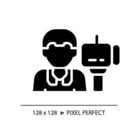 2D pixel perfect glyph style cameraman icon, isolated vector, thin line illustration representing journalism. vector