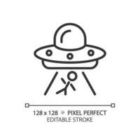Alien abduction pixel perfect linear icon. Mind control. Ufo encounter. Unidentified flying object. Another planet. Thin line illustration. Contour symbol. Vector outline drawing. Editable stroke