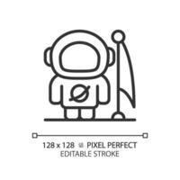 Man on moon pixel perfect linear icon. Lunar landing. Astronaut suit. Space achievement. Apollo 11. First step. Thin line illustration. Contour symbol. Vector outline drawing. Editable stroke