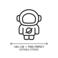 Astronaut pixel perfect linear icon. Space explorer. Rocket scientist. Zero gravity. Science fiction. Thin line illustration. Contour symbol. Vector outline drawing. Editable stroke