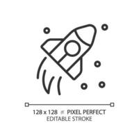 Space travel pixel perfect linear icon. Cosmic journey. Rocket flying. Aerospace technology. Product launch. Thin line illustration. Contour symbol. Vector outline drawing. Editable stroke