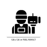 2D pixel perfect glyph style cameraman icon, isolated vector, thin line illustration representing journalism. vector