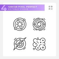 Outer space pixel perfect linear icons set. Cosmic phenomena. Celestial bodies. Astronomical discoveries. Customizable thin line symbols. Isolated vector outline illustrations. Editable stroke