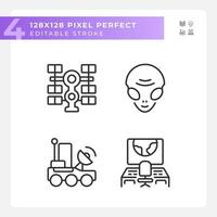 Sci fi pixel perfect linear icons set. Space mission. Cosmic galaxy. Science fiction. Extraterrestrial life. Customizable thin line symbols. Isolated vector outline illustrations. Editable stroke