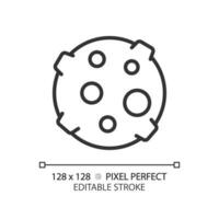 Moon pixel perfect linear icon. Lunar science. Earth satellite. Outer space. Celestial body. Astronomy education. Thin line illustration. Contour symbol. Vector outline drawing. Editable stroke
