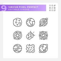 Celestial bodies pixel perfect linear icons set. Outer space. Planetary science. Astrology education. Customizable thin line symbols. Isolated vector outline illustrations. Editable stroke