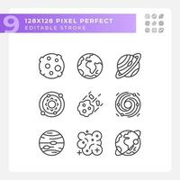 Celestial bodies pixel perfect linear icons set. Outer space. Planetary science. Astrology education. Customizable thin line symbols. Isolated vector outline illustrations. Editable stroke