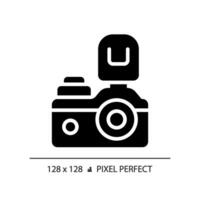 2D pixel perfect glyph style camera icon, isolated vector, thin line illustration representing journalism. vector