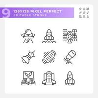 Science fiction pixel perfect linear icons set. Space ship. Sci fi. Alien contact. Extraterrestrial life. Customizable thin line symbols. Isolated vector outline illustrations. Editable stroke