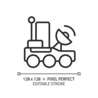 Lunar rover pixel perfect linear icon. Moon mission. Robotic vehicle. Space transport. Scientific exploration. Thin line illustration. Contour symbol. Vector outline drawing. Editable stroke