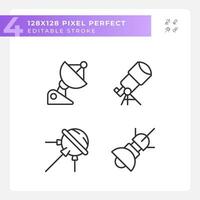 Space technology pixel perfect linear icons set. Data collection. Scientific research. Rocket science. Customizable thin line symbols. Isolated vector outline illustrations. Editable stroke