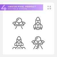 Extraterrestrial life pixel perfect linear icons set. Space exploration. First contact. Science fiction. Customizable thin line symbols. Isolated vector outline illustrations. Editable stroke