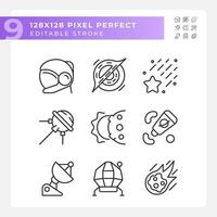 Space station pixel perfect linear icons set. Zero gravity. Celestial event. Science research. Customizable thin line symbols. Isolated vector outline illustrations. Editable stroke