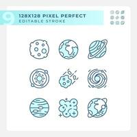 Celestial bodies pixel perfect light blue icons. Outer space. Planetary science. Astrology education. RGB color. Website icons set. Simple design element. Contour drawing. Line illustration vector