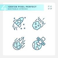 Cosmic exploration pixel perfect light blue icons. Space research. Futuristic technology. Astronomy science. RGB color. Website icons set. Simple design element. Contour drawing. Line illustration vector