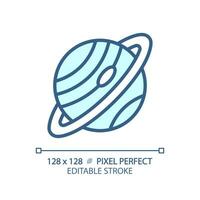 Saturn pixel perfect light blue icon. Ring planet. Deep space. Planetary astronomy. Science project. RGB color sign. Simple design. Web symbol. Contour line. Flat illustration. Isolated object vector