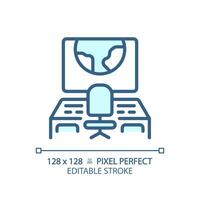 Mission control pixel perfect light blue icon. Space ship. Spacecraft cabin. Monitoring center. RGB color sign. Simple design. Web symbol. Contour line. Flat illustration. Isolated object vector