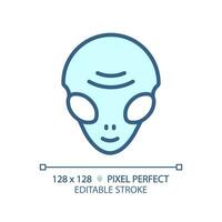 Alien face pixel perfect light blue icon. Extraterrestrial life. Ufo sighting. Paranormal activity. RGB color sign. Simple design. Web symbol. Contour line. Flat illustration. Isolated object vector