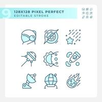 Space station pixel perfect light blue icons. Zero gravity. Celestial event. Science research. RGB color. Website icons set. Simple design element. Contour drawing. Line illustration vector