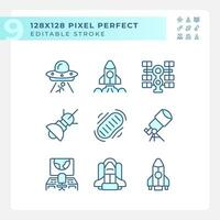 Science fiction pixel perfect light blue icons. Space ship. Sci fi. Alien contact. Extraterrestrial life. RGB color. Website icons set. Simple design element. Contour drawing. Line illustration vector