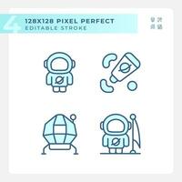 Moon mission pixel perfect light blue icons. Space agency. Lunar module. Apollo program. Rocket science. RGB color. Website icons set. Simple design element. Contour drawing. Line illustration vector