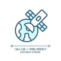 Satellite pixel perfect light blue icon. Launch vehicle. Earth orbit. Global positioning system. RGB color sign. Simple design. Web symbol. Contour line. Flat illustration. Isolated object vector