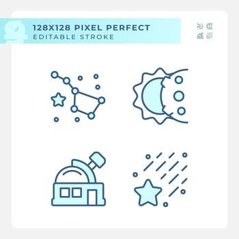 Astronomy science pixel perfect light blue icons. Space telescope. Celestial bodies. Solar system. RGB color. Website icons set. Simple design element. Contour drawing. Line illustration vector
