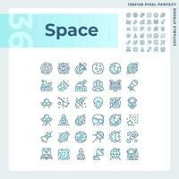 Space pixel perfect light blue icons. Solar system. Astronomy science. Celestial bodies. Zero gravity. RGB color. Website icons set. Simple design element. Contour drawing. Line illustration vector