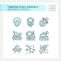 Space exploration pixel perfect light blue icons. Cosmic discovery. Mars landing. Science fiction. Sci fi. RGB color. Website icons set. Simple design element. Contour drawing. Line illustration vector