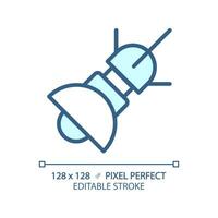 Space based radar pixel perfect light blue icon. Tracking system. Satellite technology. Earth observation. RGB color sign. Simple design. Web symbol. Contour line. Flat illustration. Isolated object vector