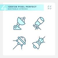 Space technology pixel perfect light blue icons. Data collection. Scientific research. Rocket science. RGB color. Website icons set. Simple design element. Contour drawing. Line illustration vector