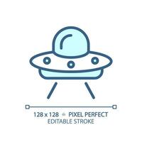 Ufo pixel perfect light blue icon. Unidentified flying object. Extraterrestrial life. I want to believe. RGB color sign. Simple design. Web symbol. Contour line. Flat illustration. Isolated object vector