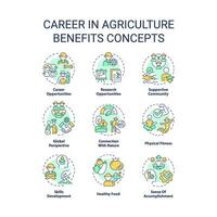 Career in agriculture benefits multi color concept icons. Job opportunity. Farm worker. Rural development. Food production. Icon pack. Vector images. Round shape illustrations. Abstract idea