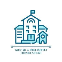 2D pixel perfect editable blue building with flag icon, isolated vector, building thin line illustration. vector