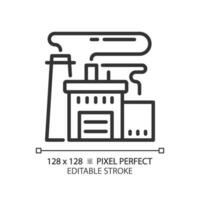 2D pixel perfect editable black factory icon, isolated vector, building thin line illustration. vector