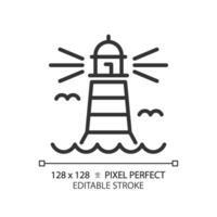 2D pixel perfect editable black lighthouse icon, isolated vector, building thin line illustration. vector