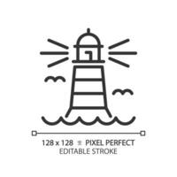 2D pixel perfect editable black lighthouse icon, isolated vector, building thin line illustration. vector